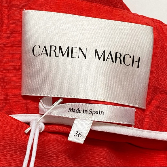 CARMEN MARCH red linen high rise gathered waist fitted midi slit pencil skirt - Picture 8 of 9